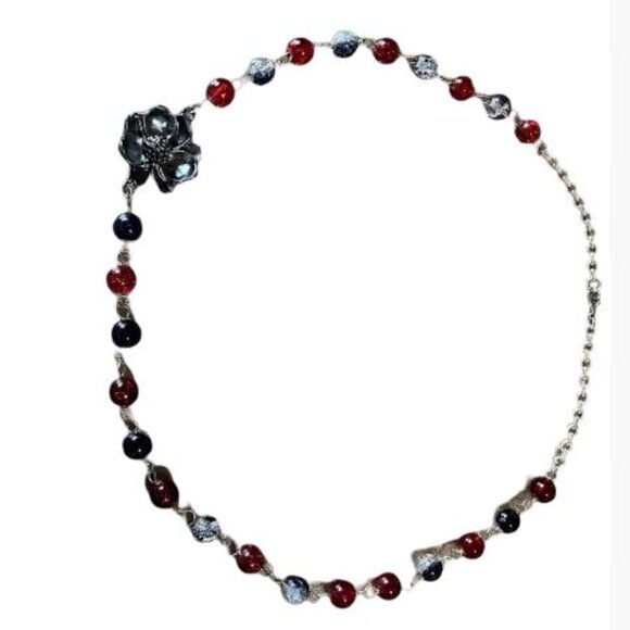 Handcrafted Tri-Color Glass Beads w/Gunmetal Floral Accent 20" Necklace - Picture 5 of 5